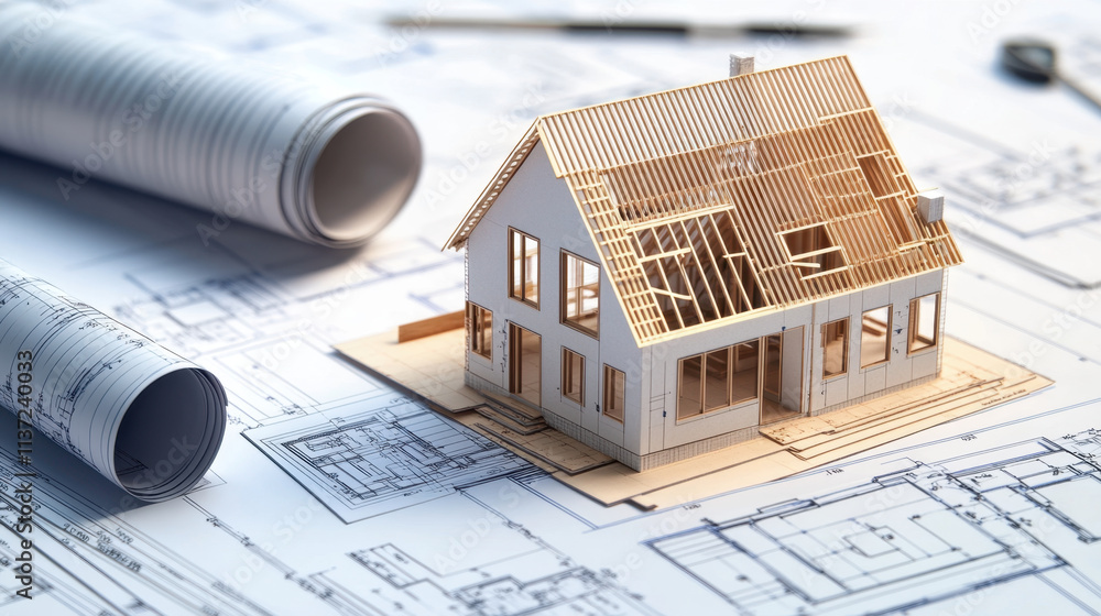 detailed architectural model of house sits on blueprints, showcasing construction plans and rolled up drawings. This captures essence of home design and planning detailed architectural model of house sits on blueprints, showcasing construction plans and rolled up drawings. This captures essence of home design and planning
