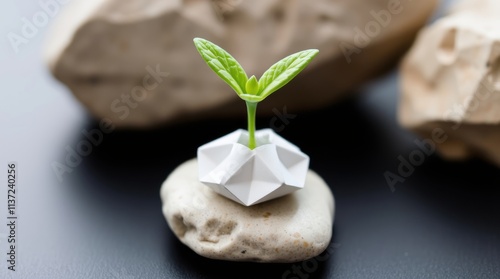 Wallpaper Mural A small plant sprouting from a geometric white base on a stone, symbolizing growth and resilience. Torontodigital.ca