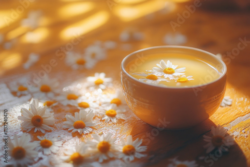 A cup of tea on a wooden table with dai dai dai dai dai dai dai dai dai dai dai dai dai dai. photo