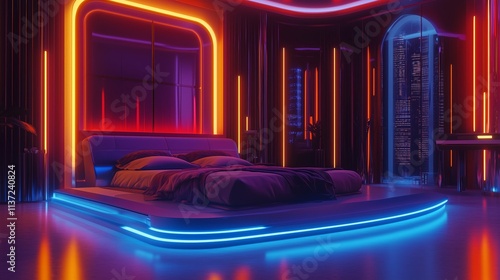 Futuristic Bedroom with Neon Lights and a Modern Platform Bed Design - Made with Generative AI