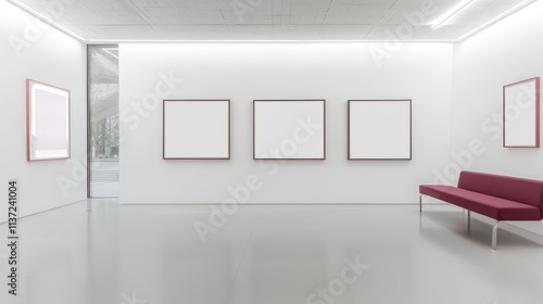 Wallpaper Mural Contemporary gallery space with four empty frames on white walls, featuring a crimson bench. Torontodigital.ca