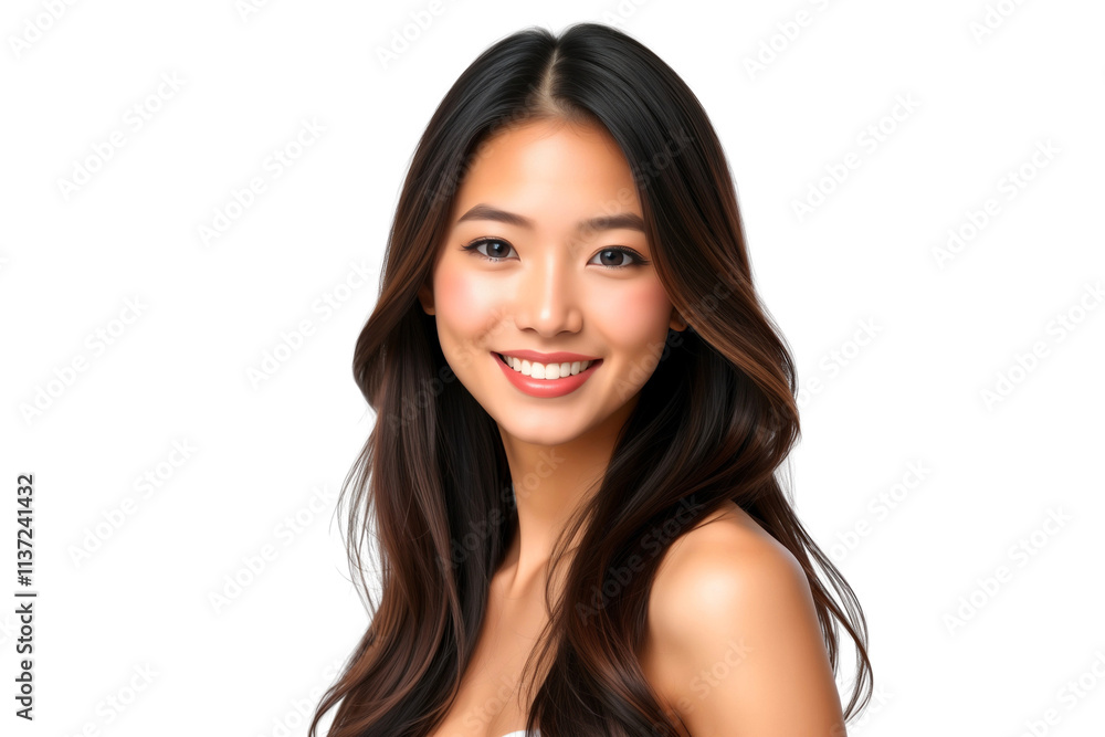 Young beautiful Asian woman smiling with long brunette hair, beauty concept, isolated on transparent background Young beautiful Asian woman smiling with long brunette hair, beauty concept, isolated on transparent background
