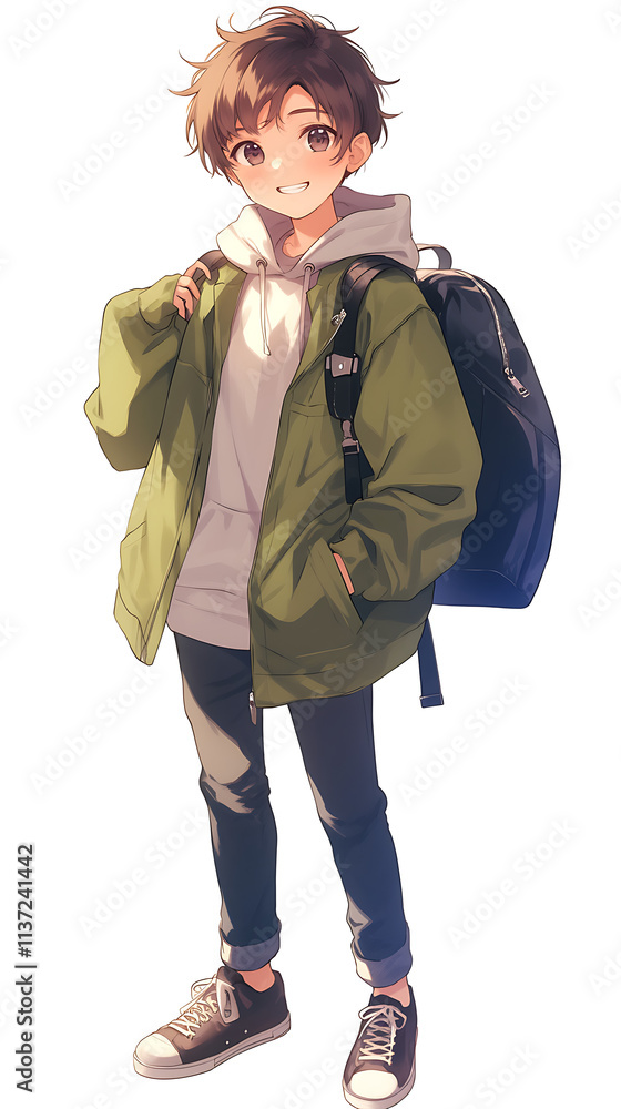 A cheerful young boy in casual attire, holding a backpack and smiling. A cheerful young boy in casual attire, holding a backpack and smiling.