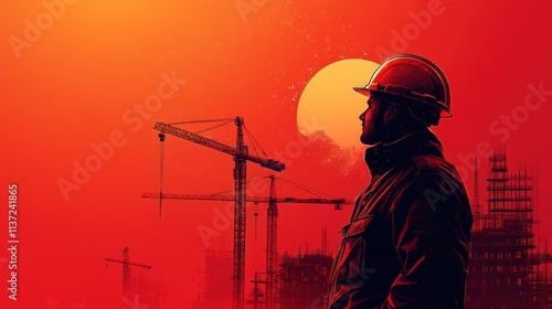 Silhouette of construction worker at sunset, observing a construction site with cranes and scaffolding.