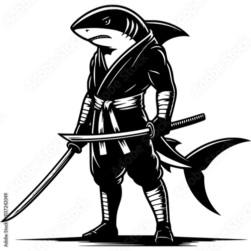 Ninja fighter shark armed with katana sword in fighting stance in monochrome. Wild pirate shark animal warrior. Tattoo minimalistic vector in black ink drawing on transparent background