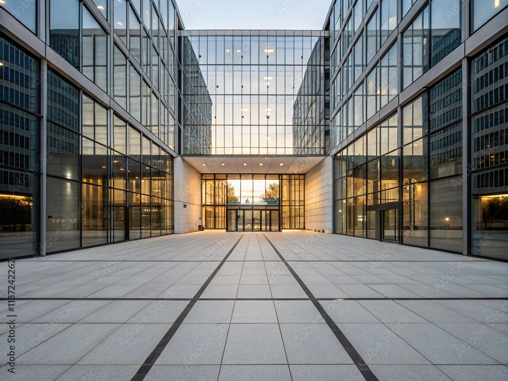 building with a glossy glass facade, open doorway, and a clean tiled walkway extending. building with a glossy glass facade, open doorway, and a clean tiled walkway extending.