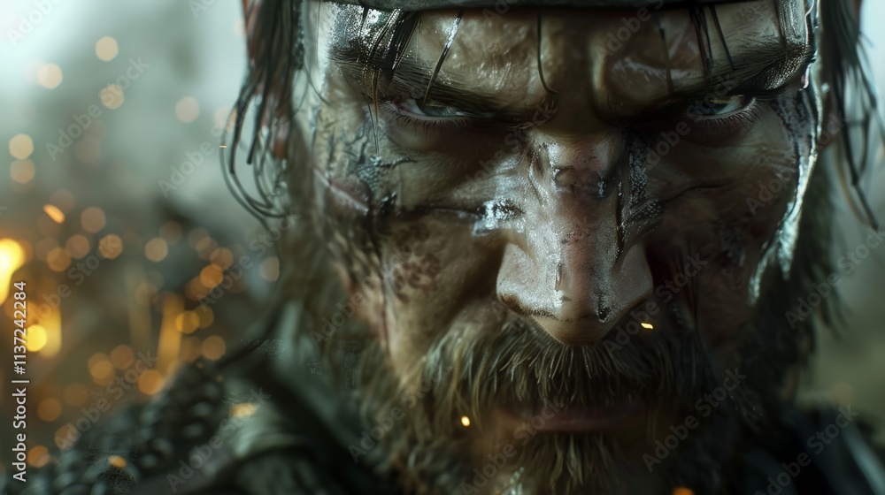 A close-up of a hero's determined face, set against an epic battle scene in the background A close-up of a hero's determined face, set against an epic battle scene in the background