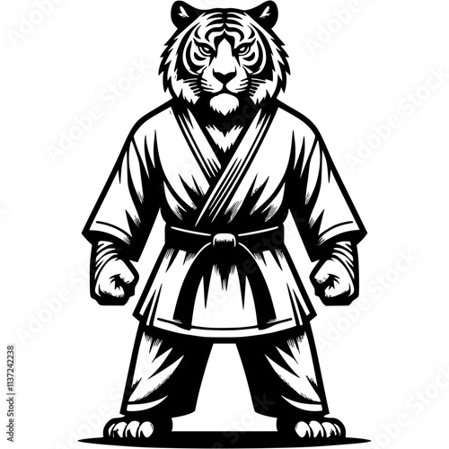 Karateka tiger stands in fighting stance ready for tournament in monochrome. Wild Wildcat animal looks confidence. Tattoo minimalistic vector in black ink drawing on transparent background