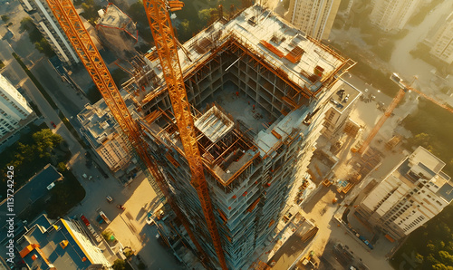 Aerial Drone Footage with VFX Concept: Building Construction Site Becomes Finished Project photo