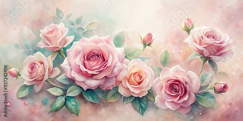 A Delicate Arrangement of Soft Pink Roses in Full Bloom, Bathed in a Dreamy Light