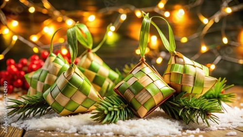 Traditional ketupat wrapped in diamond-shaped coconut leaves surrounded by festive decorations, ketupat photo