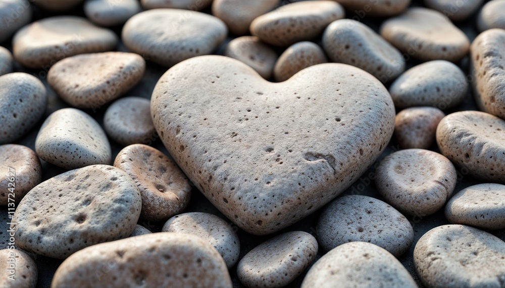 Heart-shaped stone among various pebbles creating a natural and romantic atmosphere Heart-shaped stone among various pebbles creating a natural and romantic atmosphere