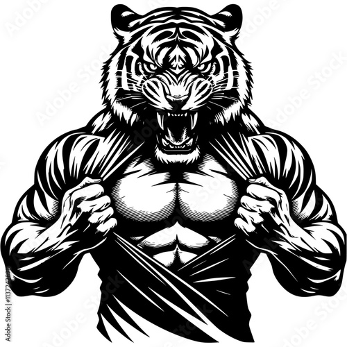 Boss male tiger rips shirt at chest in rage in monochrome. Predatory wild cat animal in human form roars in madness. Tattoo minimalistic vector in black ink drawing on transparent background