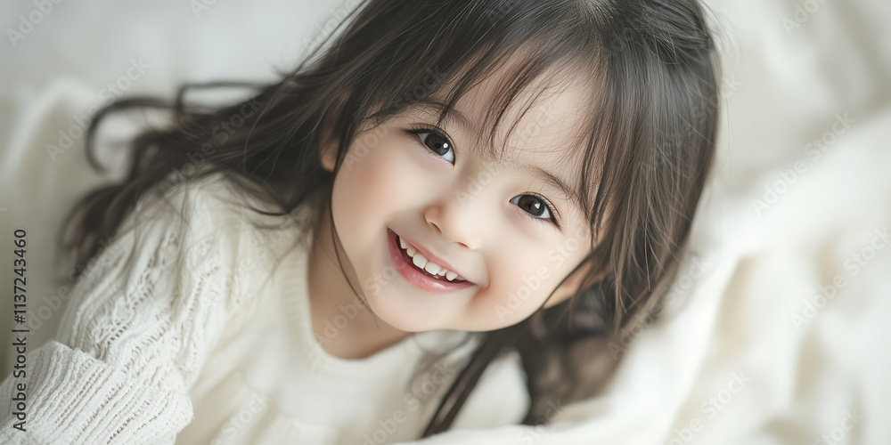 A portrait of happy smiling little girl, white background, soft lighting, generative AI A portrait of happy smiling little girl, white background, soft lighting, generative AI