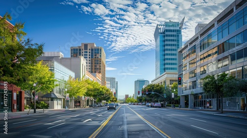 A cool-toned city street with modern architecture and a blue sky.