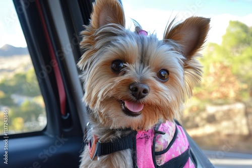 Wallpaper Mural Adorable Yorkshire Terrier in car, wearing pink harness. Perfect for travel, pet, or road trip themes. Torontodigital.ca
