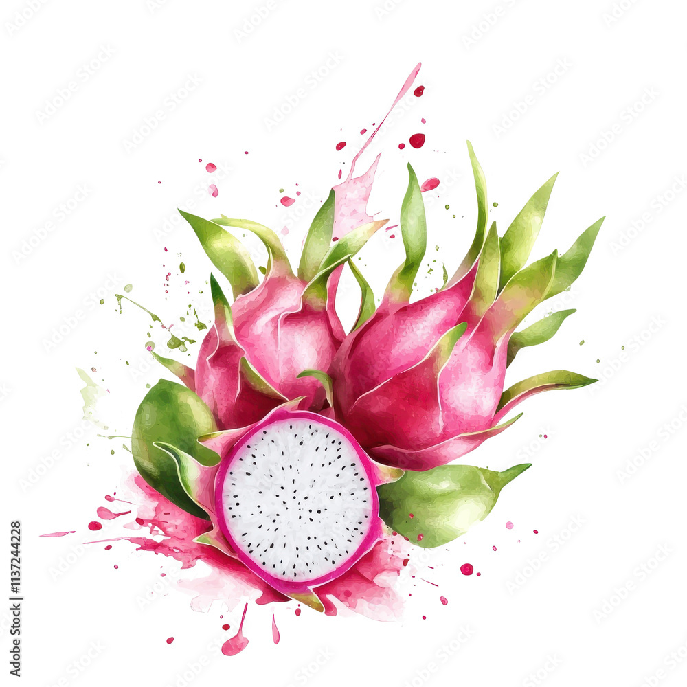 Watercolor splash of dragon fruit, isolated on a white background. png Watercolor splash of dragon fruit, isolated on a white background. png