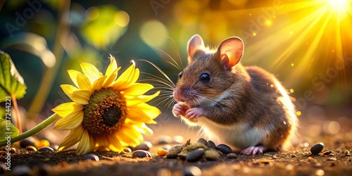 A Tiny Mouse Feasting on Seeds Beneath a Golden Sunflower in the Warm Glow of the Setting Sun photo