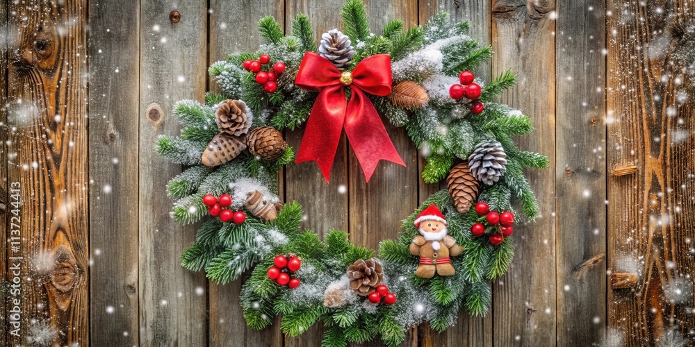 A Snowy Evergreen Wreath Adorned with a Red Bow, Pine Cones, and Berries on a Rustic Wooden Background A Snowy Evergreen Wreath Adorned with a Red Bow, Pine Cones, and Berries on a Rustic Wooden Background