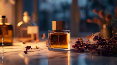 Amber Perfume Bottle With Wooden Cap On Marble