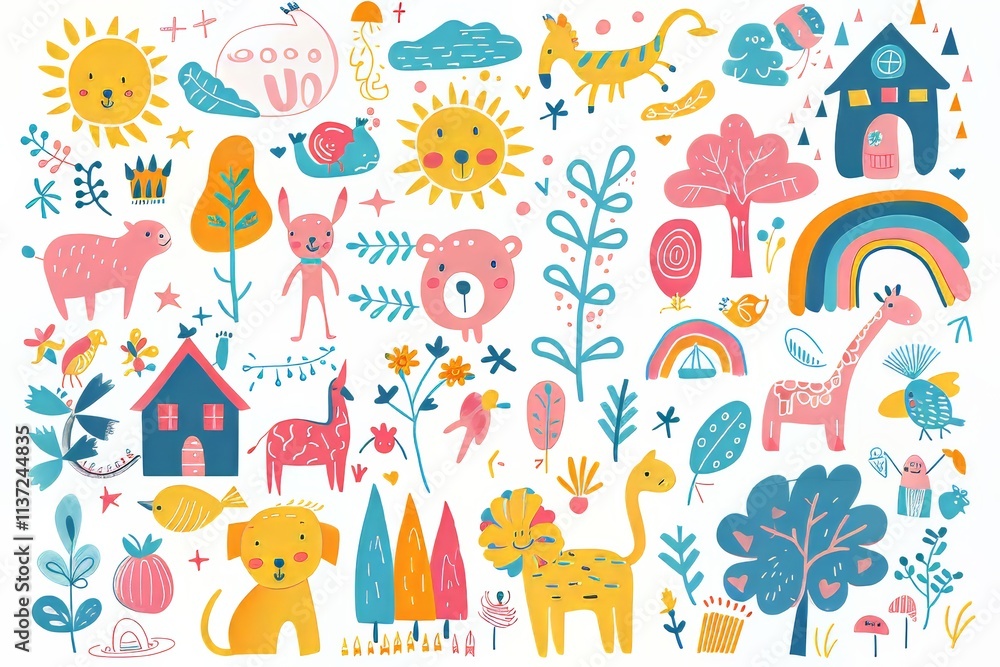 Obraz premium Colorful whimsical illustration featuring animals, plants, and houses.