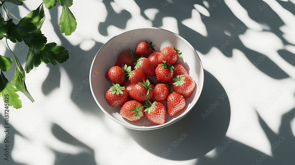 Fresh Strawberries in a White Bowl Sunlight Shadows Fresh Strawberries in a White Bowl Sunlight Shadows