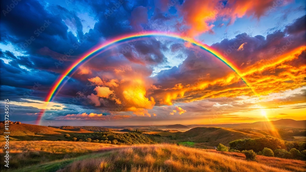 A vivid rainbow arches across a fiery sky, its colors reflecting on the rolling hills below, a breathtaking display of nature's artistry. A vivid rainbow arches across a fiery sky, its colors reflecting on the rolling hills below, a breathtaking display of nature's artistry.
