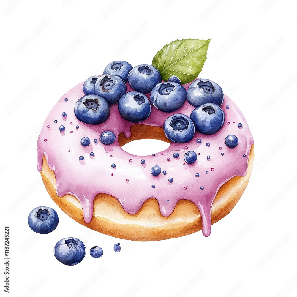 A blueberry donut in watercolor style, isolated on a white background, with vibrant color and soft brushstrokes. PNG A blueberry donut in watercolor style, isolated on a white background, with vibrant color and soft brushstrokes. PNG