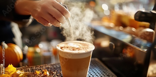 A Hand Sprinkling Cinnamon on a Steaming Cup of Coffee photo