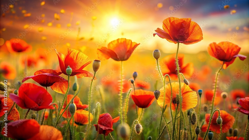 Fototapeta premium A Field of Scarlet Poppies Bathed in the Golden Hues of a Setting Sun, with Delicate Petals Unfurling and Seeds Drifting in the Warm Breeze