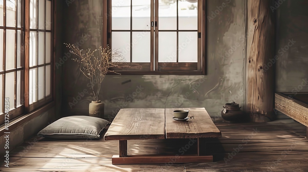 A cozy nook with Wabi-Sabi aesthetics, including a low wooden table and a single floor cushion A cozy nook with Wabi-Sabi aesthetics, including a low wooden table and a single floor cushion