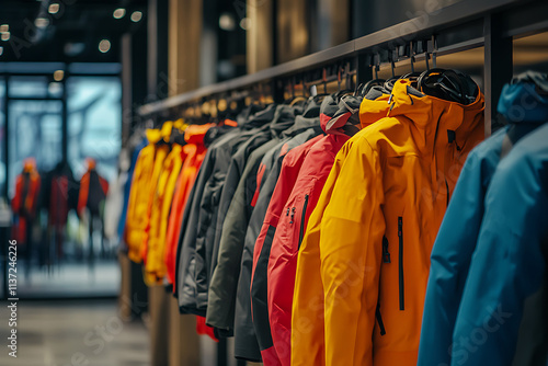 Vibrant ski jackets on display in a contemporary sports apparel shop, perfect for winter sports fans photo