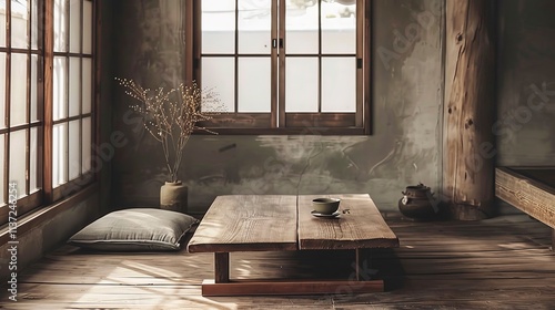 Wallpaper Mural A cozy nook with Wabi-Sabi aesthetics, including a low wooden table and a single floor cushion Torontodigital.ca