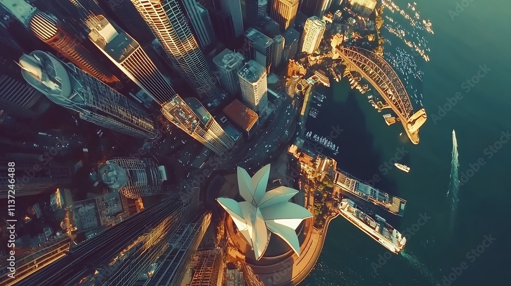 Naklejka premium Sydney Cityscape: Aerial View of Iconic Architecture and Harbour at Sunset