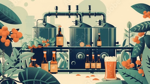 A creative illustration of the brewing process, from raw ingredients to finished craft beer