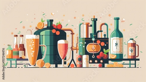A creative illustration of the brewing process, from raw ingredients to finished craft beer