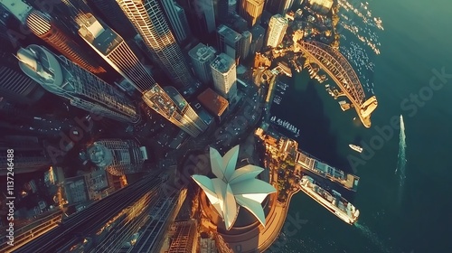 Sydney Cityscape: Aerial View of Iconic Architecture and Harbour at Sunset