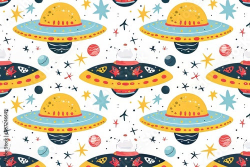 Colorful cartoon space pattern with UFOs, planets, and stars. photo