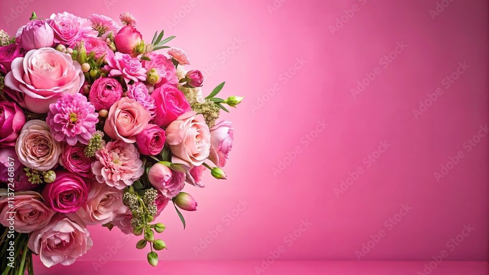 A vibrant bouquet of pink roses, ranunculus, and other blooms arranged in a corner against a solid pink background. A vibrant bouquet of pink roses, ranunculus, and other blooms arranged in a corner against a solid pink background.
