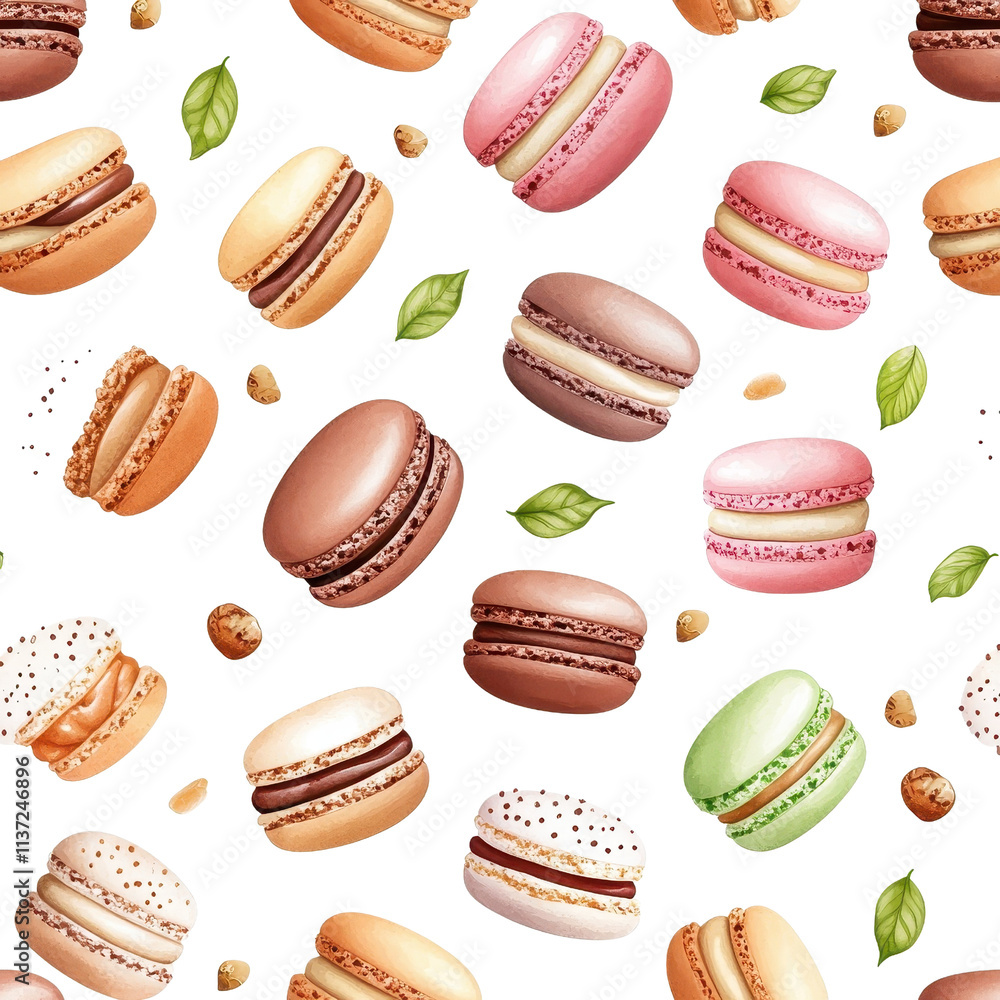 Watercolor seamless pattern of chocolate macarons on a white background, charming and artistic. PNG Watercolor seamless pattern of chocolate macarons on a white background, charming and artistic. PNG