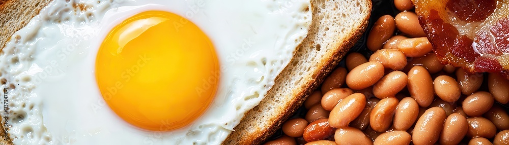 A delicious breakfast plate featuring a fried egg, crispy bacon, and baked beans on toast. A delicious breakfast plate featuring a fried egg, crispy bacon, and baked beans on toast.