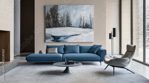 Modern living room with blue sofa, artwork, and armchair.