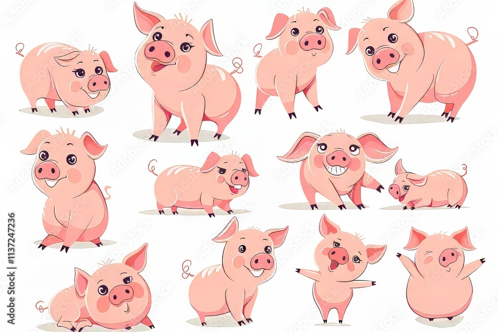 A playful collection of cute cartoon pigs in various poses and expressions. A playful collection of cute cartoon pigs in various poses and expressions.