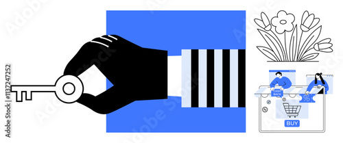 Hand with key suggesting access or opportunity, people engaged in online shopping, and blooming flowers. Ideal for themes of access, opportunity, e-commerce, freedom, empowerment, growth