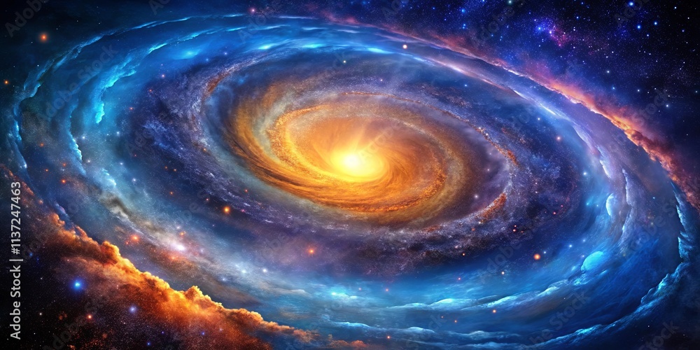 A Cosmic Dance of Light and Dust, Swirling in a Tapestry of Blue, Orange, and Starlight A Cosmic Dance of Light and Dust, Swirling in a Tapestry of Blue, Orange, and Starlight