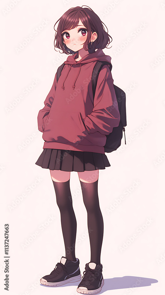 A young girl in a hoodie and skirt stands casually with a backpack, exuding a relaxed vibe.