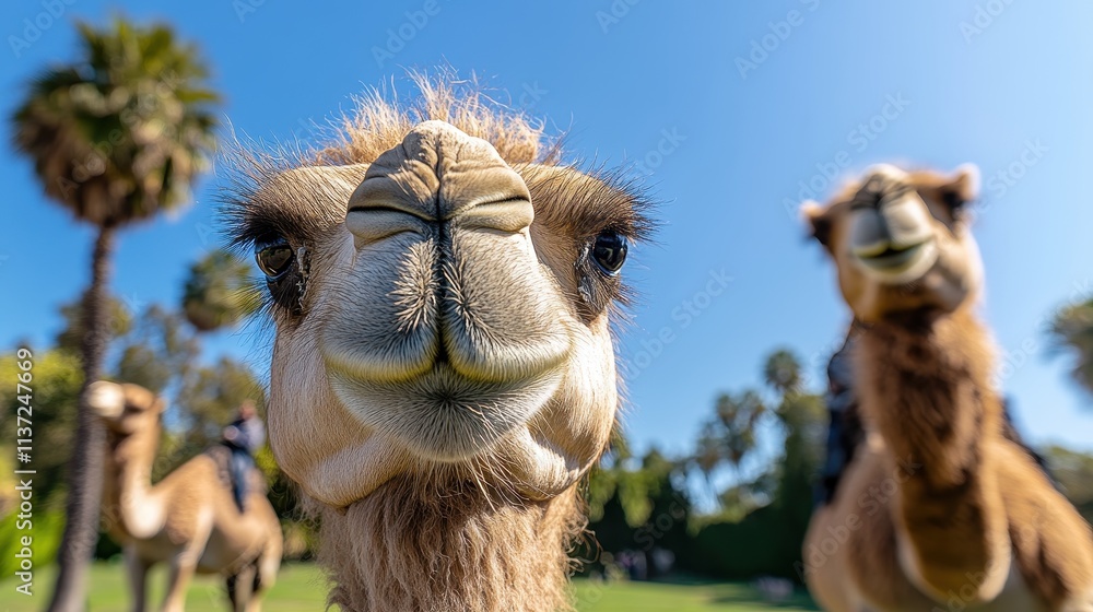 Obraz premium Close-up of a camel's face, another camel blurred in background. Perfect for travel, animal, or funny stock.