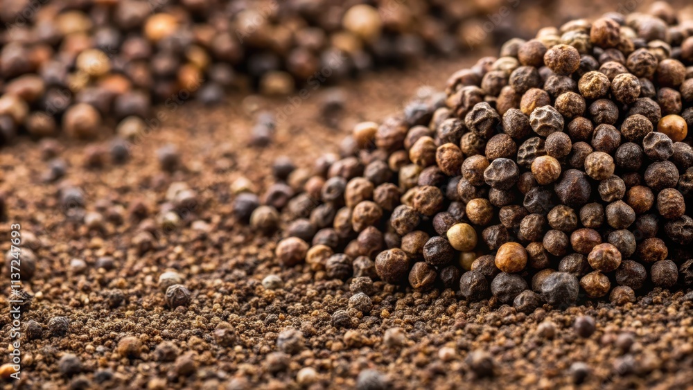 Close up of ground black pepper grains, spice, seasoning, cooking, ingredient, macro, peppercorns, culinary, condiment Close up of ground black pepper grains, spice, seasoning, cooking, ingredient, macro, peppercorns, culinary, condiment