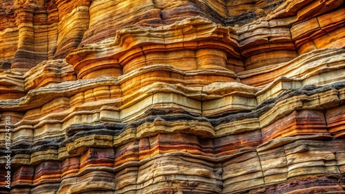 A symphony of sedimentary layers, each stratum a testament to time's relentless passage, unveiling a tapestry of earth's history in hues of ochre, rust, and charcoal.