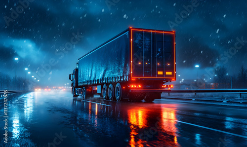 Industrial comfort big rig powerful blue semi truck tractor with high cab transporting frozen commercial photo